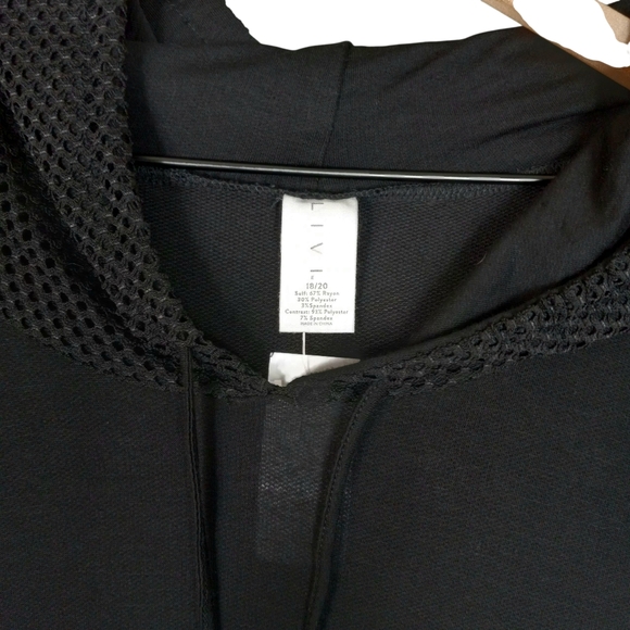 NWT LIVI black lightweight hooded dress with mesh accents 26in pit to pit. - Picture 6 of 11